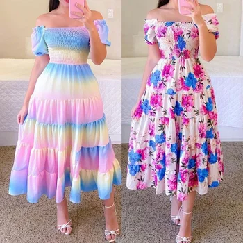 2023 Ежедневното секси лятна рокля, елегантно шифоновое рокля с флорални принтом в плажен стил, еластично женствена рокля трапецовидна форма с къс ръкав