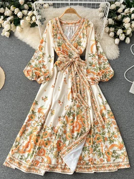 2023 Романтичен цветен принт, винтажное бандажное дълга рокля, бохем сарафан, Женски реколта елегантни вечерни рокли с пищни ръкави