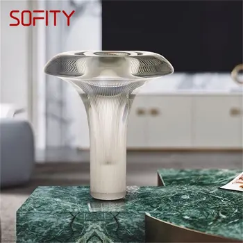 SOFITY Модерна грибовидная настолна лампа креативен дизайн, настолна лампа от сиво стъкло, декоративна за домашен кабинет, спалня