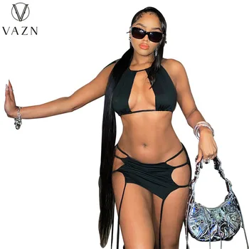 VAZN 2023, обикновен женски комплект с еластична мини-къса пола, по-кратък Топ без ръкави, секси стил за клубната парти, комплекти от две части