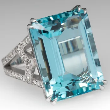 Квадратно пръстен със син топаз за жени, моден тренд, пръстен на пръста от сплав, дамски бижута за годеж
