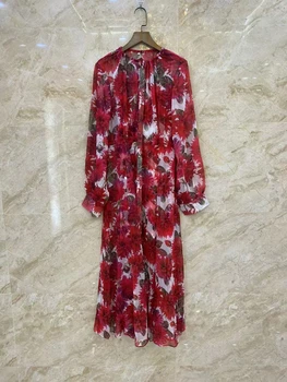 Празнично пролетно-лятна рокля 2023, женствена рокля с червени цветя принтом, дълъг ръкав, колан, елегантен однобортное премяна
