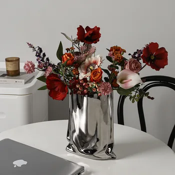 Скандинавска ваза Моранди, декорации от сухи цветя, Декорация на хола, креативна сребърна керамични модел с покритие покритие, вази за домашен Декор